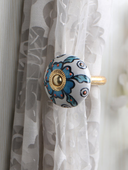 WHITE BASE TURQUOISE LEAF DESIGN CURTAIN TIE BACKS HOOK - (SET OF TWO PIECES)